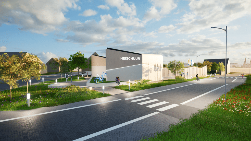 Ontwerpvisualisatie van gemeenschapscentrum De Heischuur en de omliggende publieke ruimte.